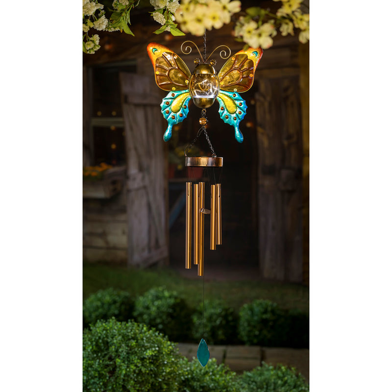 Evergreen Twinkling Light Solar Glass and Metal Butterfly Wind Chime, 2 ASST., 13.4'' x 4.3'' x 43.3'' inches.