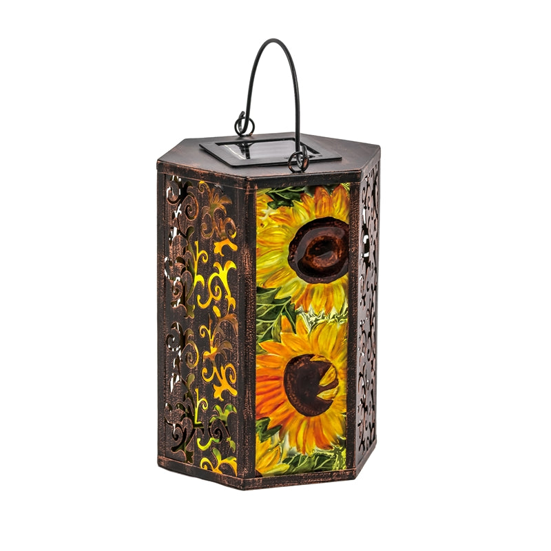 Handpainted Embossed Glass and Metal Solar Lantern, Fall Sunflower,5.91"x5.31"x8.27"inches