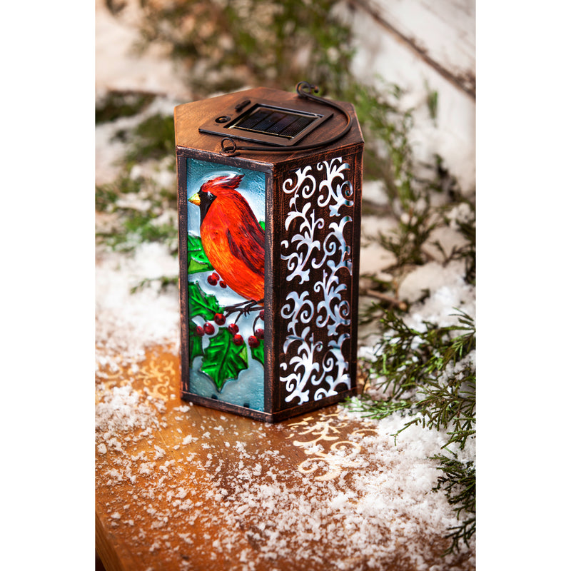 Handpainted Embossed Glass and Metal Solar Lantern, Holiday Cardinal,5.91"x5.31"x8.27"inches