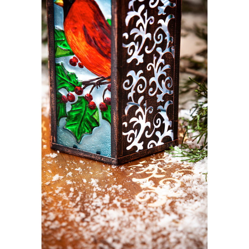 Handpainted Embossed Glass and Metal Solar Lantern, Holiday Cardinal,5.91"x5.31"x8.27"inches