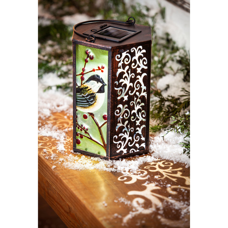 Handpainted Embossed Glass and Metal Solar Lantern, Holiday Chickadee,5.91"x5.31"x8.27"inches
