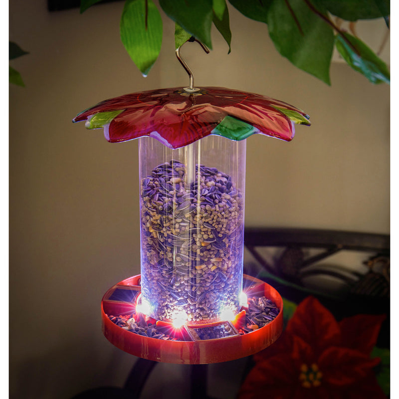 Solar Bird Feeder with Handpainted Embossed Glass, Poinsettia,2sp6932