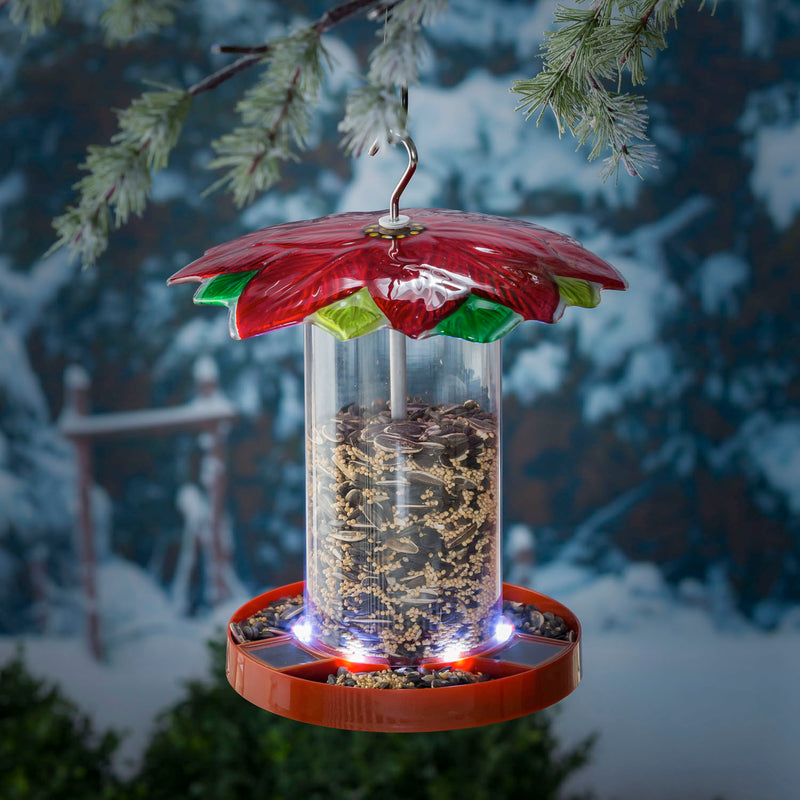 Solar Bird Feeder with Handpainted Embossed Glass, Poinsettia,2sp6932