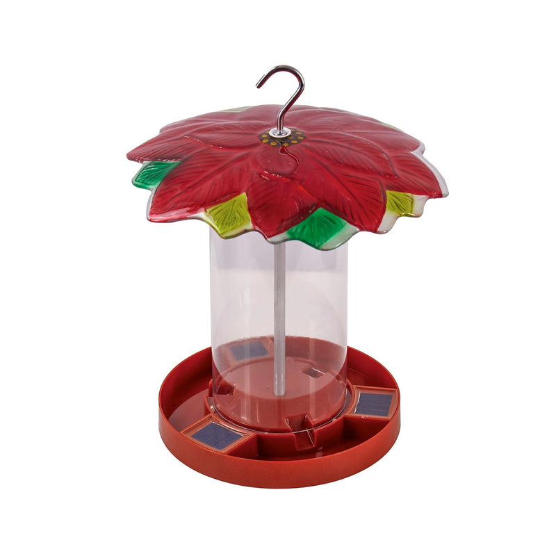 Solar Bird Feeder with Handpainted Embossed Glass, Poinsettia,2sp6932