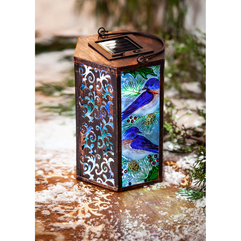 Handpainted Embossed Glass and Metal Solar Lantern, Bluebird,5.91"x5.31"x8.27"inches