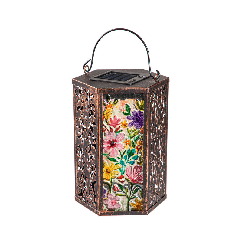 Handpainted Embossed Glass and Metal Solar Lantern, Wild Florals,5.91"x5.31"x8.27"inches