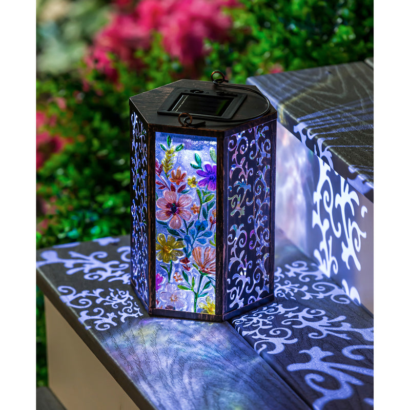 Handpainted Embossed Glass and Metal Solar Lantern, Wild Florals,5.91"x5.31"x8.27"inches