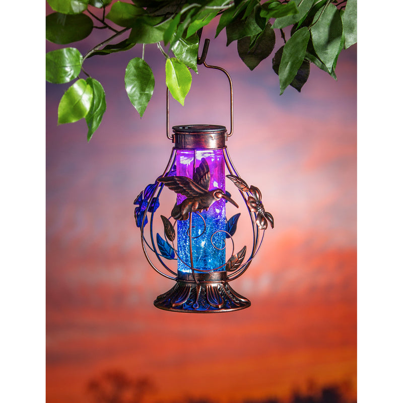 Twinkling Lights Solar Hummingbird Metal and Glass Lantern,6.1"x6.1"x11.81"inches