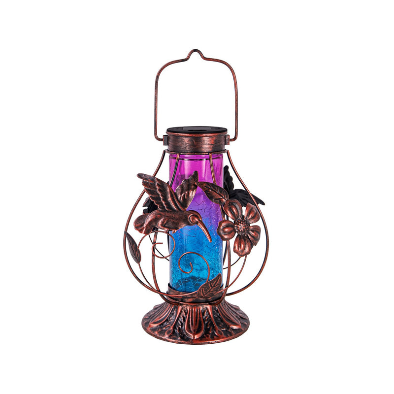 Twinkling Lights Solar Hummingbird Metal and Glass Lantern,6.1"x6.1"x11.81"inches