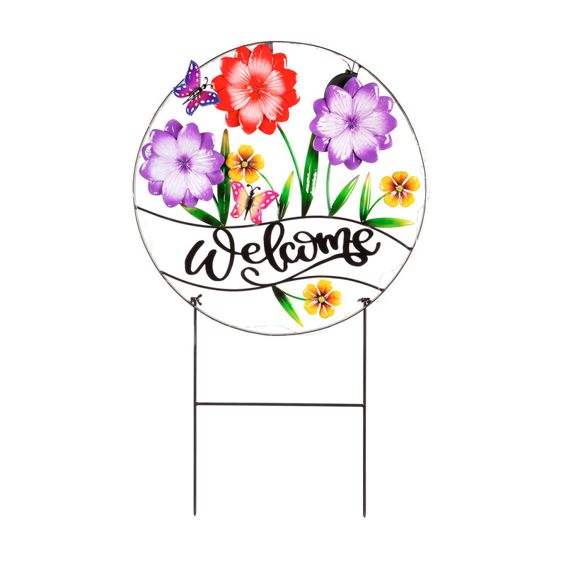 34.25"H Solar Welcome Garden Sign, Bright Flowers,22.83"x0.79"x34.25"inches