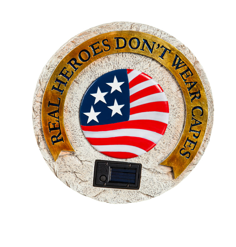 Evergreen Garden Stone,Real Heros Don't Wear Capes Solar Garden Stone, Military/Americana,11.02x11.02x1.57 Inches