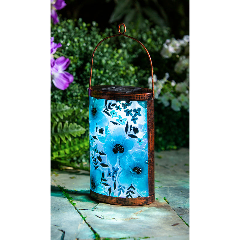 Handpainted Solar Glass Lantern, Blue Oasis Florals,5.91"x3.74"x9.45"inches
