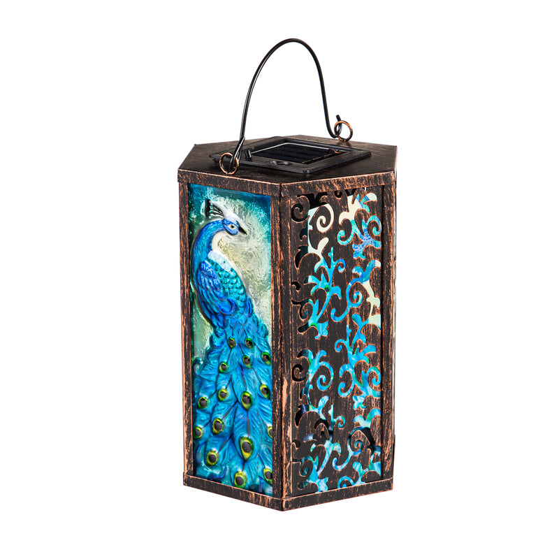 Handpainted Embossed Glass and Metal Solar Lantern, Peacock,5.91"x5.31"x8.27"inches