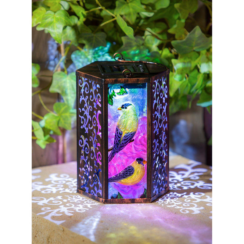 Handpainted Embossed Glass and Metal Solar Lantern, American Goldfinch,5.91"x5.31"x8.27"inches