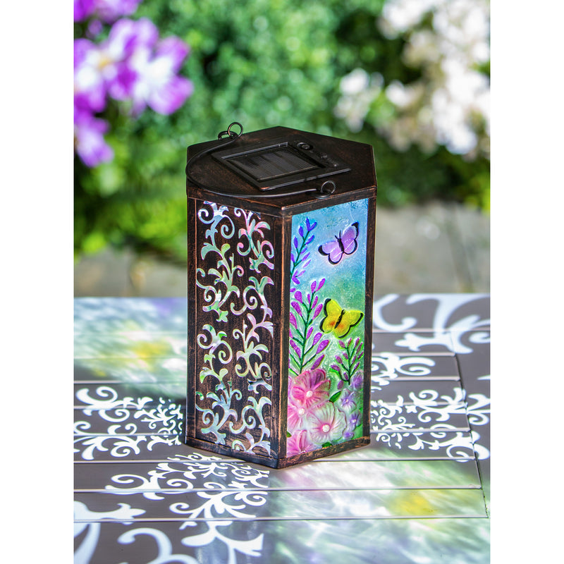 Handpainted Embossed Glass and Metal Solar Lantern, Wild Florals with Butterflies,5.91"x5.31"x8.27"inches