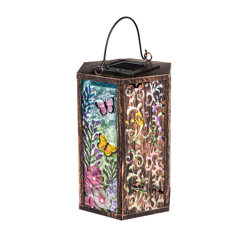 Handpainted Embossed Glass and Metal Solar Lantern, Wild Florals with Butterflies,5.91"x5.31"x8.27"inches