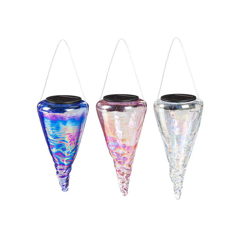 7" Solar Iridescent Hanging Art Glass Conical Lantern, 3 ASST.,3.54"x3.54"x6.7"inches