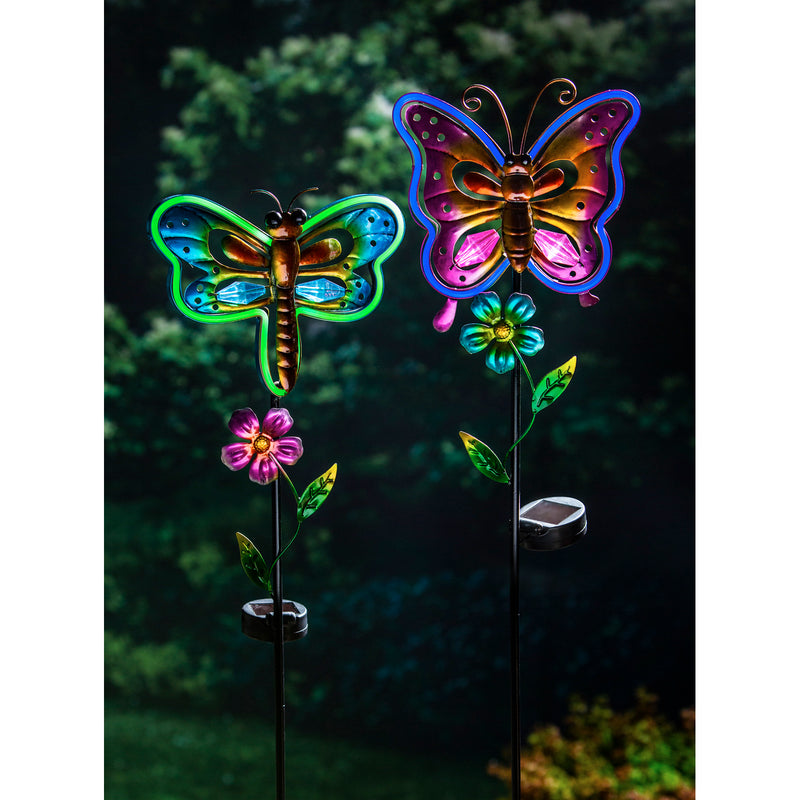 36"H Solar Neon Color Lights Garden Stake, Dragonfly and Butterfly, 2 Asst, 21"x6.5"x91.5"inches