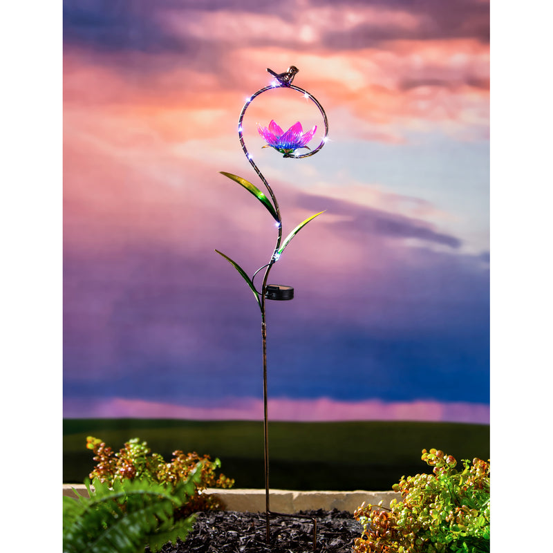 38"H Solar Garden Stake, Flower with Bronze Bird, 11"x4.25"x38"inches