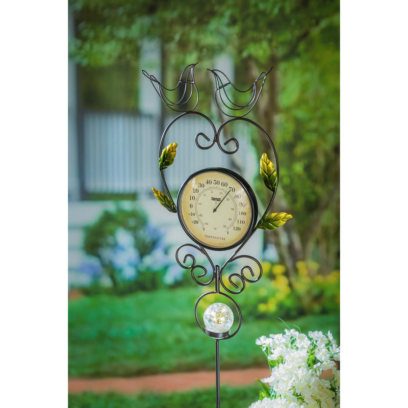 42"H Thermometer wth Solar Globe, Bronzed Bird Duo,2sp7296