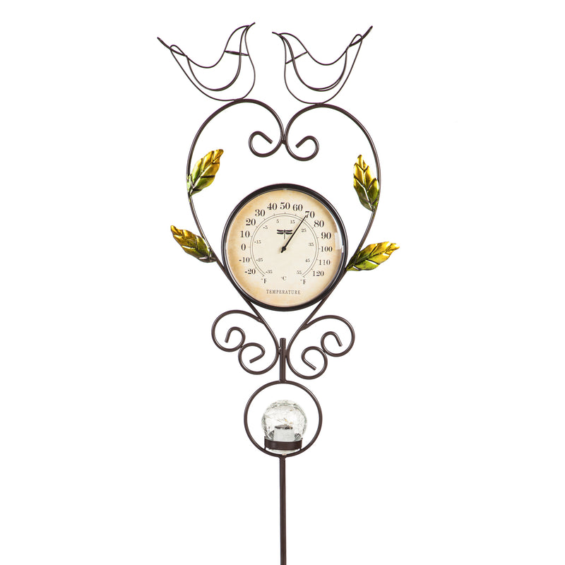 42"H Thermometer wth Solar Globe, Bronzed Bird Duo,2sp7296