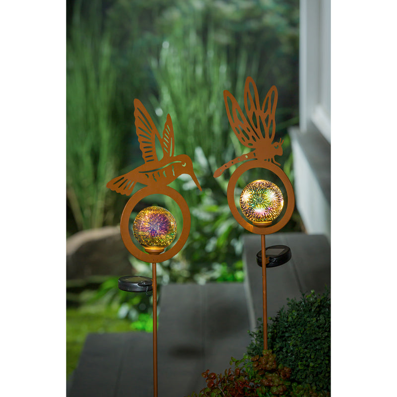 32"H Solar Garden Stake with Gazing Ball, Hummingbird and Dragonfly, 2 Asst, 8.66"x2.36"x32.28"inches