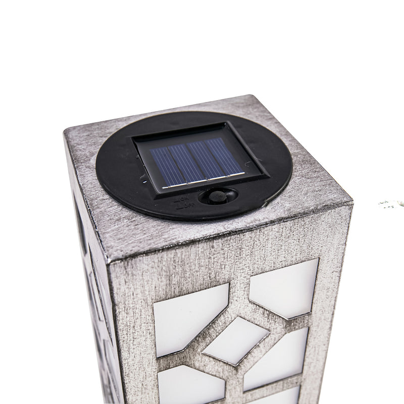 36" Metal and Glass Outdoor Statement Solar Lantern, Silver,2sp7322