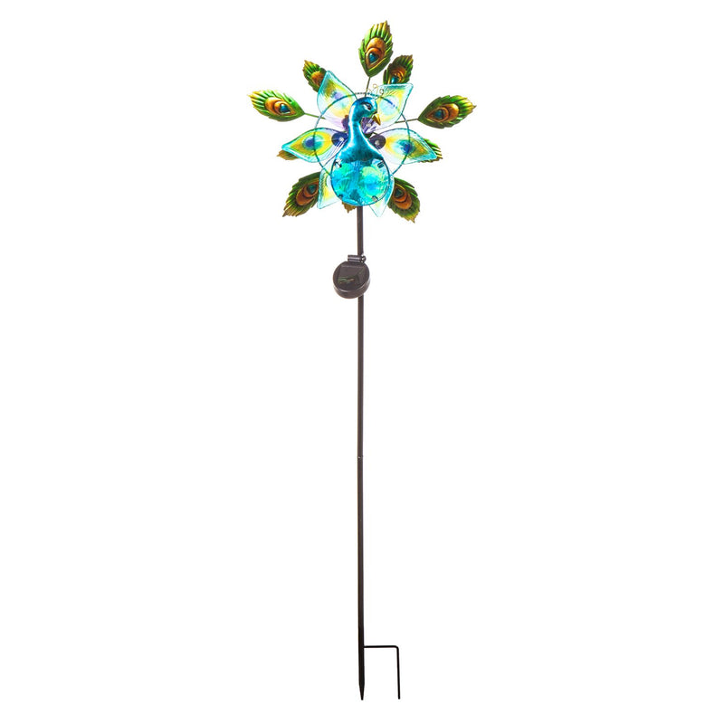 48"H Solar Staked Wind Spinner, Glass Peacock,14.5"x4"x48"inches