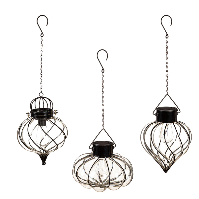 Evergreen Deck & Patio Decor,Hanging Glass Solar Lantern- Diamond Swirl 3 Asst, 2 of Each,7.09x7.09x16 Inches
