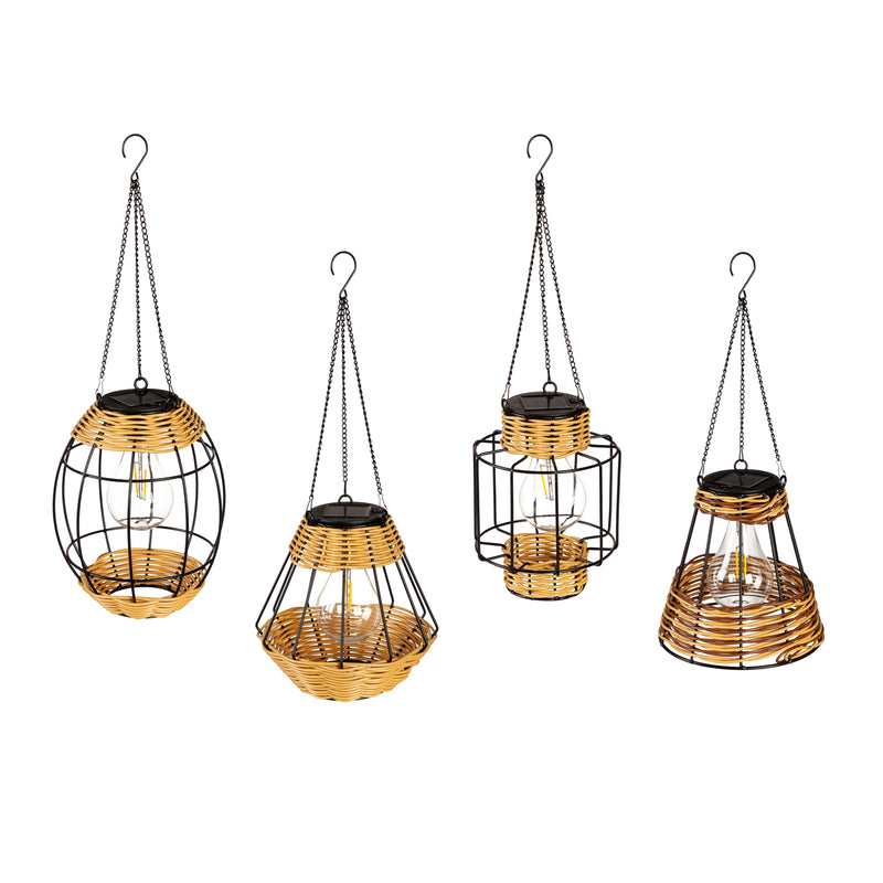 Metal & Rattan Hanging Solar Lantern- Triangle 4 Asst,2sp8157