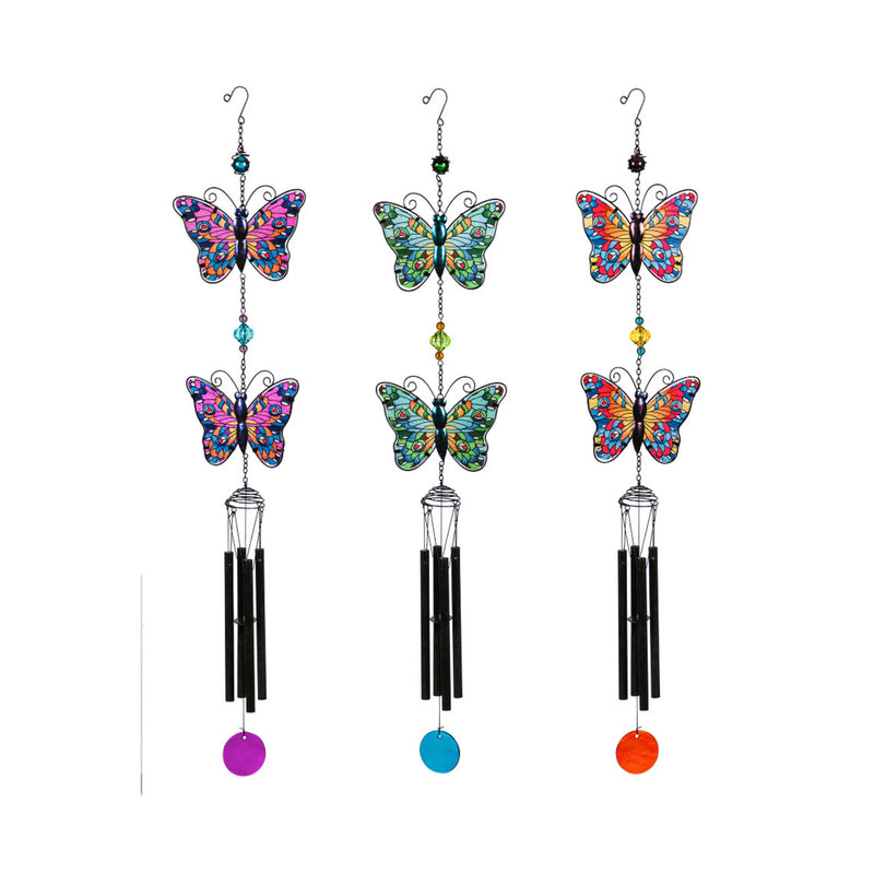 Tiered Butterfly Wind Chime, 3 Asst, Stained Glass Finish,2wc1817