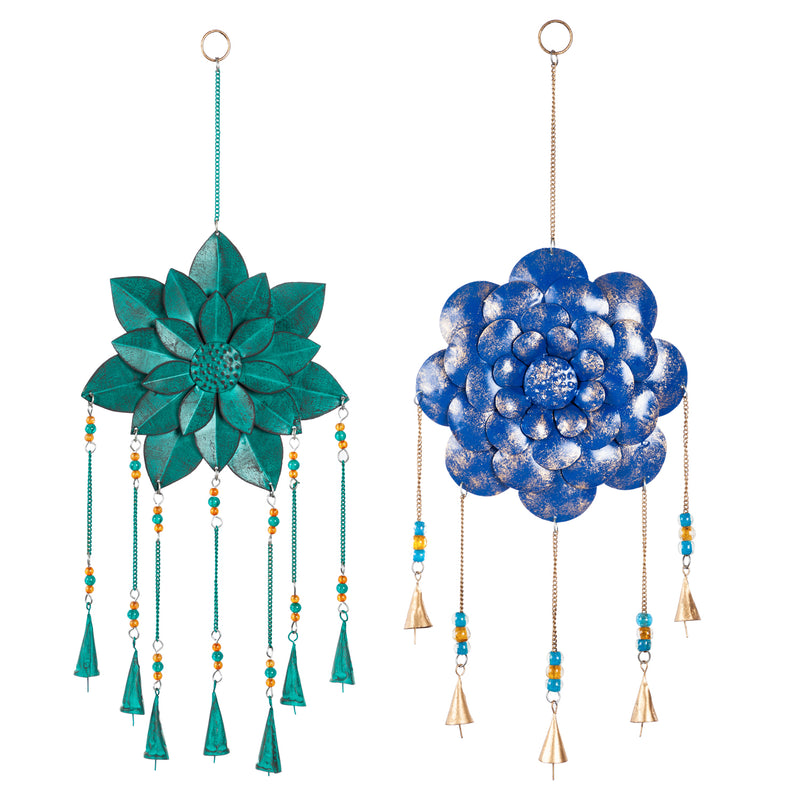 Evergreen Artisan Dimensional Floral Wind Chime, 2 ASST, Indigo and Blue, 0.8'' x 9.5'' x 26'' inches.