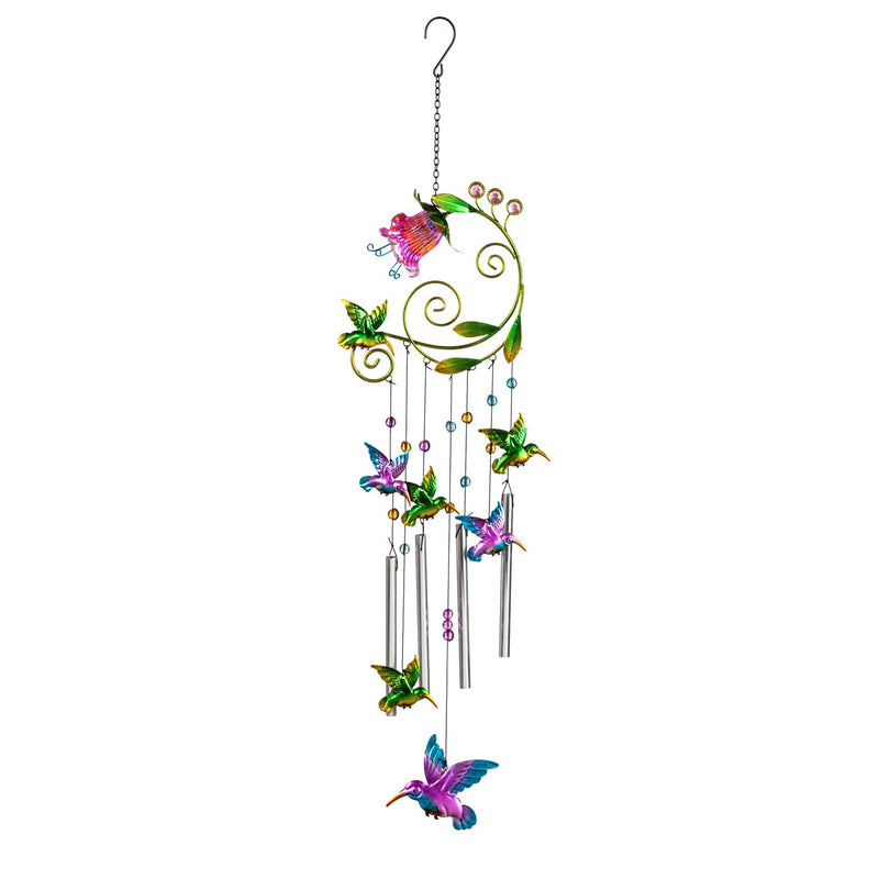 Glass and Metal Flower with Hummingbird Windchime,7.5"x3"x33"inches