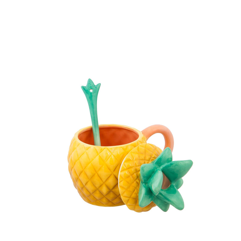 Evergreen Ceramic Cup, 12 OZ, Pineapple Shape with Lid and Spoon, 5.37'' x 4'' x 5.63'' inches