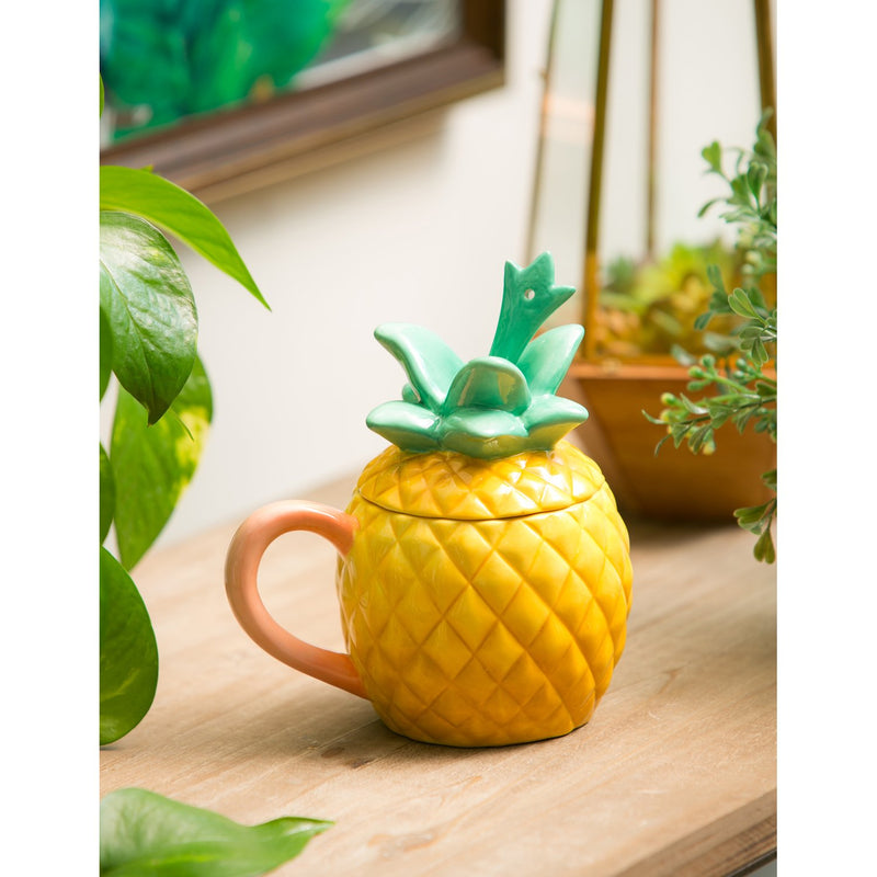Evergreen Ceramic Cup, 12 OZ, Pineapple Shape with Lid and Spoon, 5.37'' x 4'' x 5.63'' inches