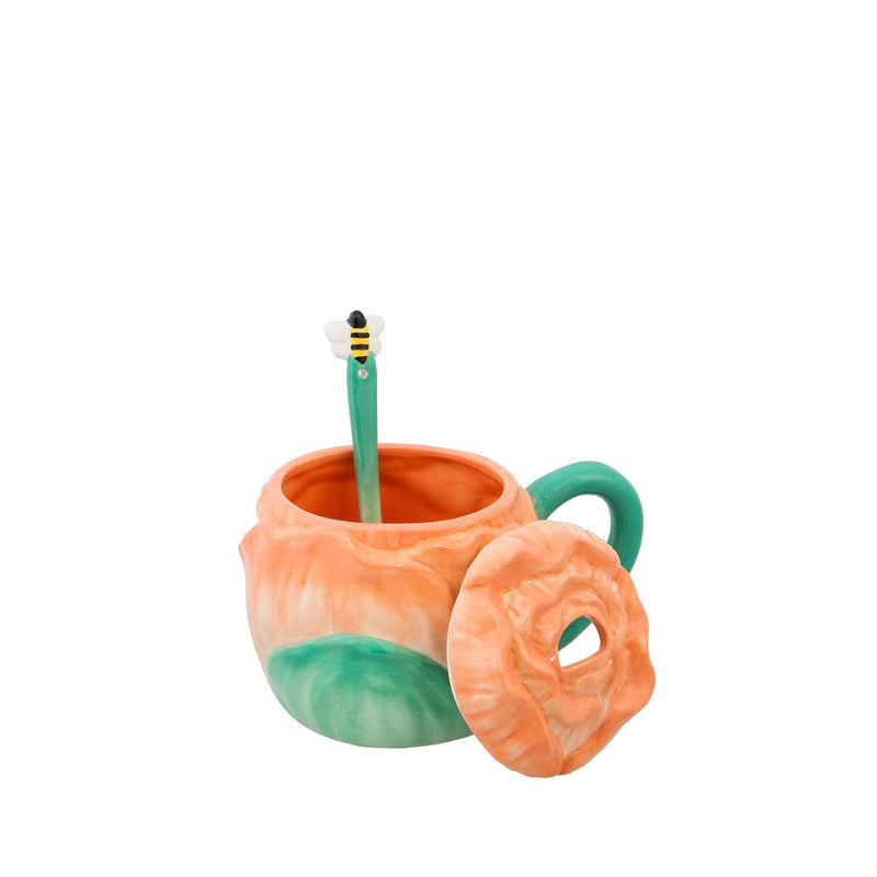Evergreen Ceramic Cup, 12 OZ, Rose Shape with Lid and  Spoon, 5.62'' x 4.12'' x 4.12'' inches