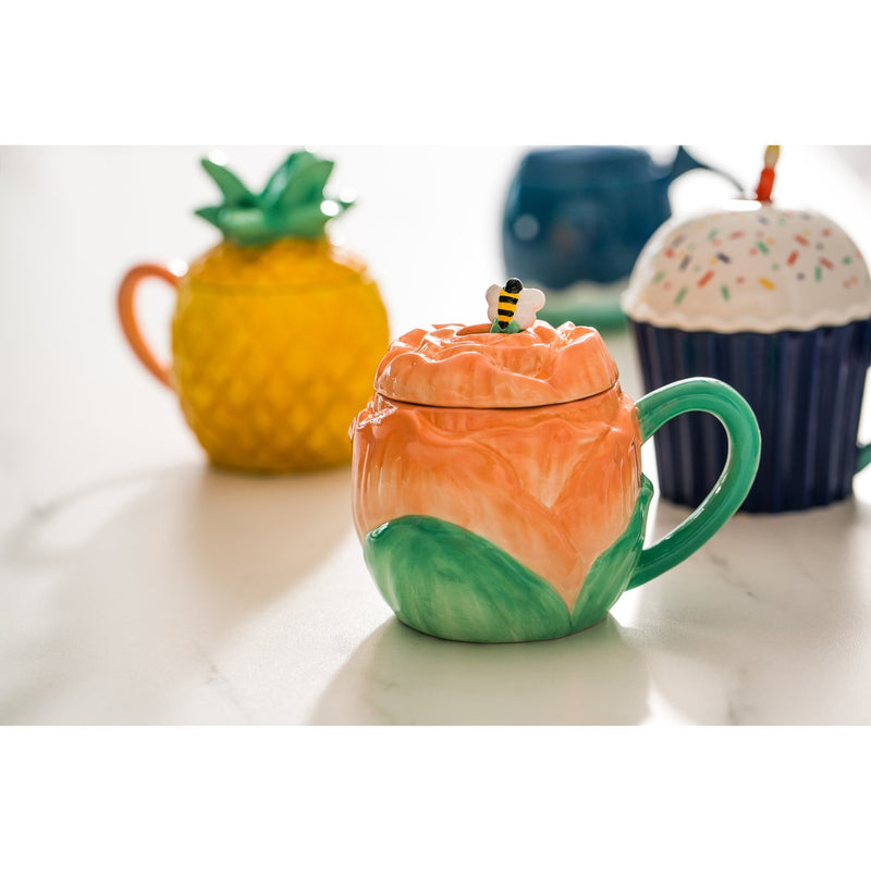 Evergreen Ceramic Cup, 12 OZ, Rose Shape with Lid and  Spoon, 5.62'' x 4.12'' x 4.12'' inches