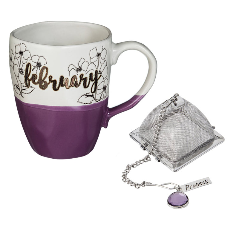 Evergreen Ceramic Birthday Cup w/metallic accent, Tea Charm, and box, 16 OZ., February, 5.5'' x 3.5'' x 4.5'' inches