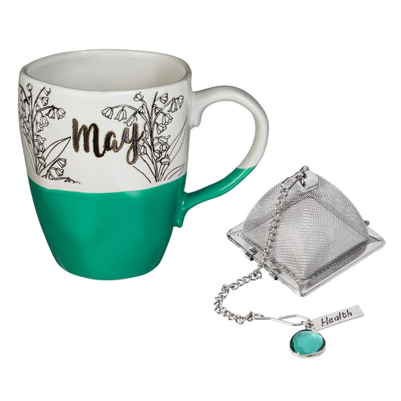 Evergreen Ceramic Birthday Cup w/ metallic accent, Tea Charm, and box, 16 OZ., May, 5.5'' x 3.5'' x 4.5'' inches