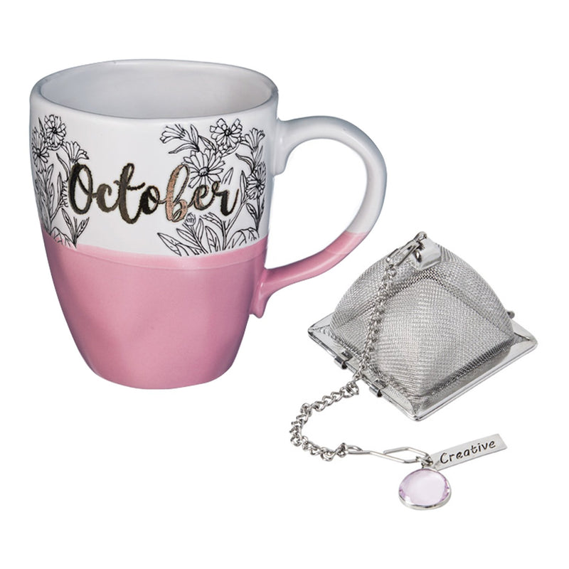 Evergreen Ceramic Birthday Cup w/ metallic accent, Tea Charm, and box, 16 OZ., October, 5.5'' x 3.5'' x 4.5'' inches