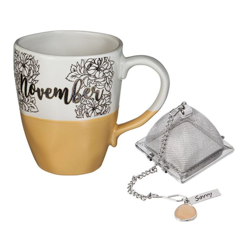 Evergreen Ceramic Birthday Cup w/ metallic accent, Tea Charm, and box, 16 OZ., November, 5.5'' x 3.5'' x 4.5'' inches