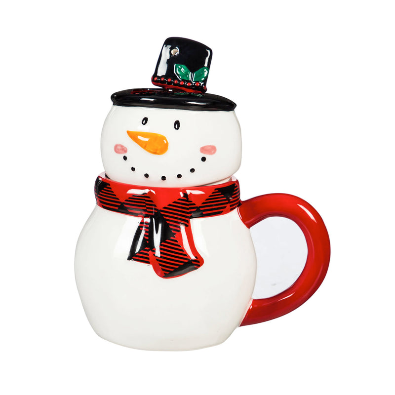 Evergreen Ceramic Cup, 12 OZ, Novelty Shape with Lid and Spoon, Snowman, 5.25'' x 4'' x 4.37'' inches