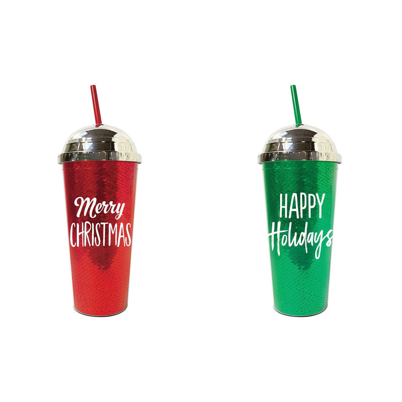 Acrylic Sequin Tumbler with Straw, 22 OZ, 2 Asst: Happy Holiday/Merry Christmas,3atc018