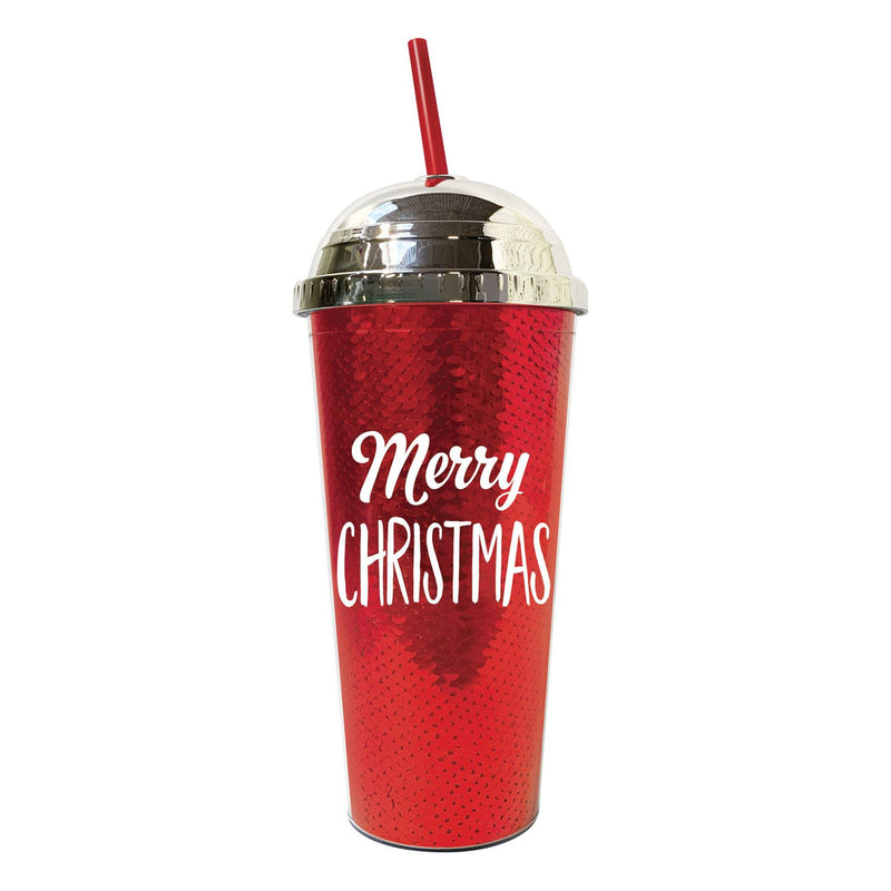 Acrylic Sequin Tumbler with Straw, 22 OZ, 2 Asst: Happy Holiday/Merry Christmas,3atc018