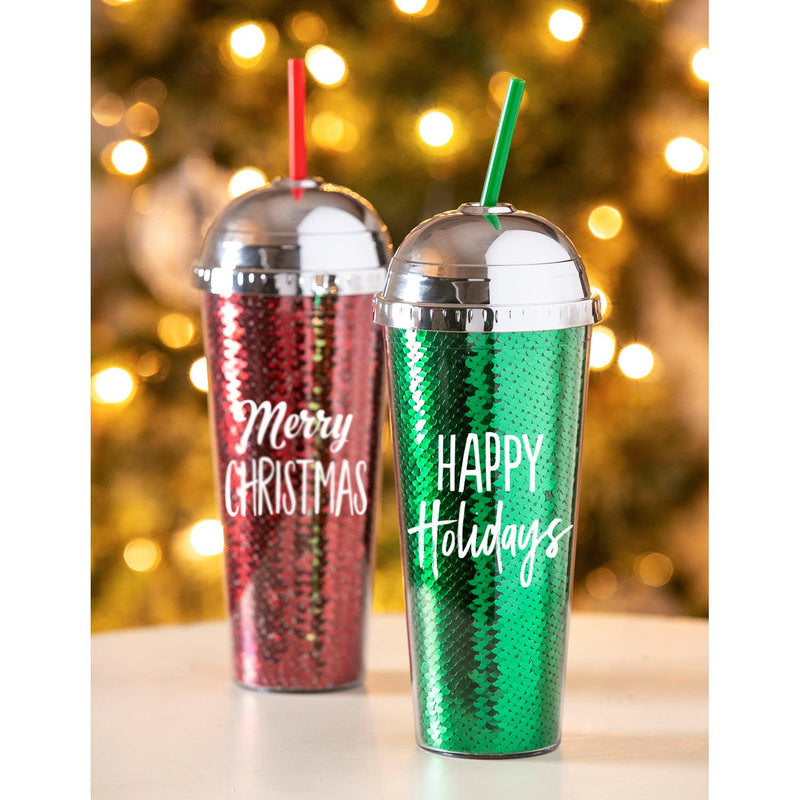 Acrylic Sequin Tumbler with Straw, 22 OZ, 2 Asst: Happy Holiday/Merry Christmas,3atc018