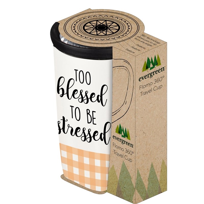 Ceramic FLOMO 360 Travel Cup, 17 oz., Too Blessed To Be Stressed