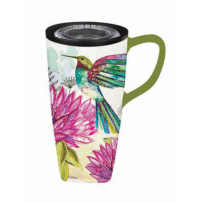 Evergreen Ceramic FLOMO 360 Travel Cup, 17 oz, Bright Hummingbird in Flight