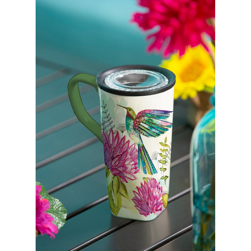 Evergreen Ceramic FLOMO 360 Travel Cup, 17 oz, Bright Hummingbird in Flight