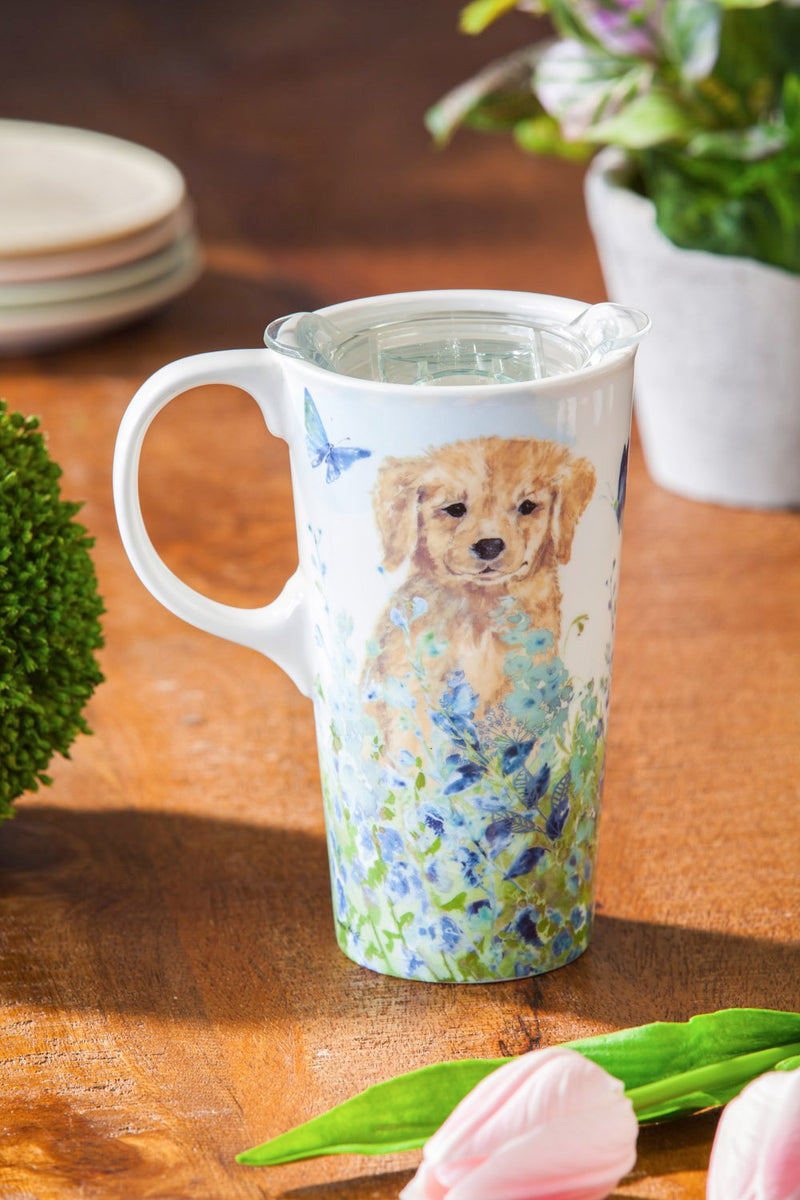 Ceramic Travel Cup, 17 OZ. ,w/box and Tritan Lid, Puppies in the meadow,3ctc007042