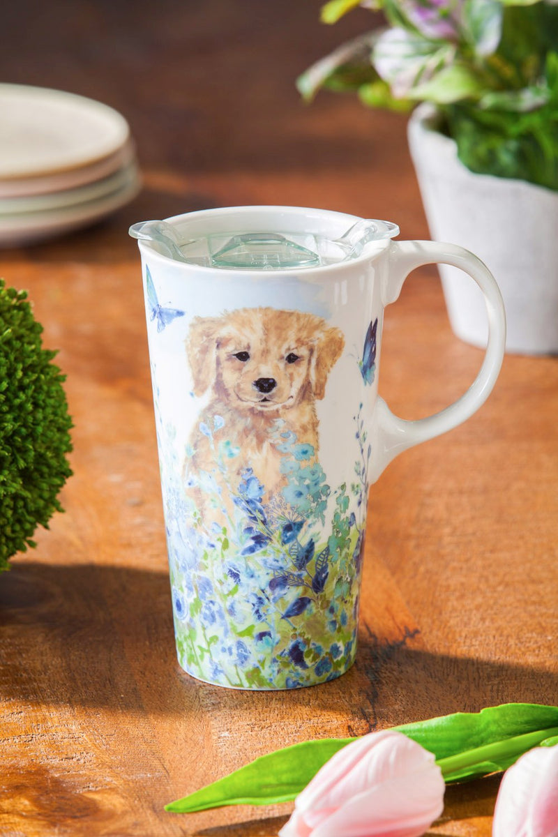 Ceramic Travel Cup, 17 OZ. ,w/box and Tritan Lid, Puppies in the meadow,3ctc007042